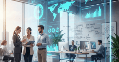 Modern office with team of three one man and two ladies standing and discussing