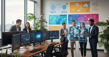 The image depicts a modern insurance office with a sleek, open-plan design. Bright, natural light floods the space through large windows, illuminating a row of collaborative workstations equipped with multiple monitors displaying data dashboards and analytics.